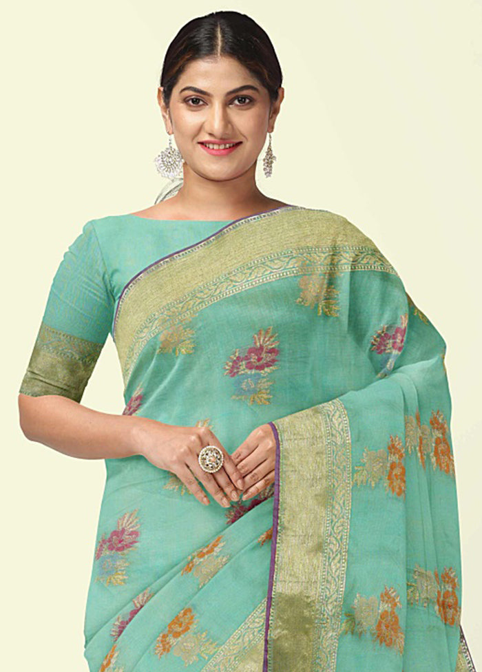 Sea Green Silk Zari Saree Without Blouse Piece - Indian Silk House Agencies