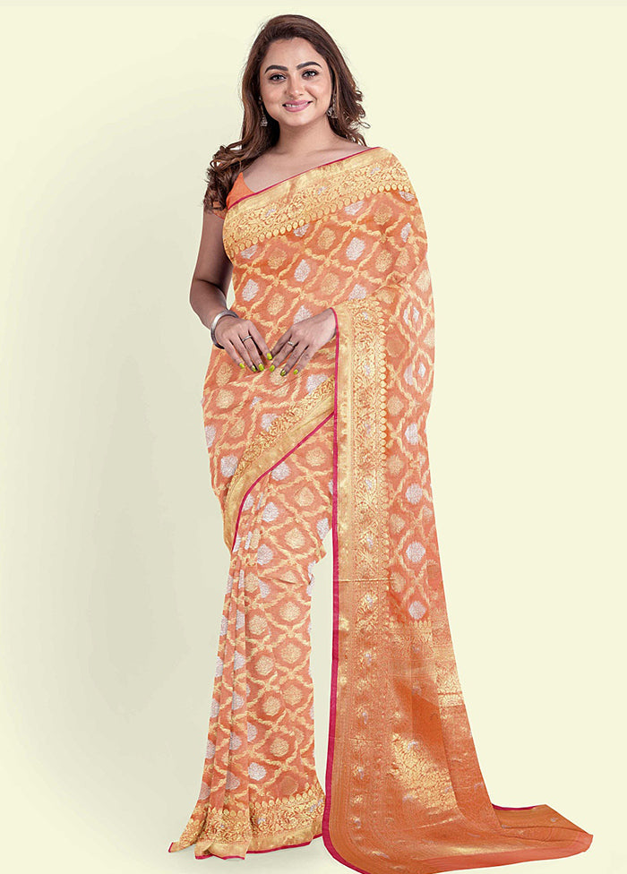 Peach Silk Zari Saree Without Blouse Piece - Indian Silk House Agencies