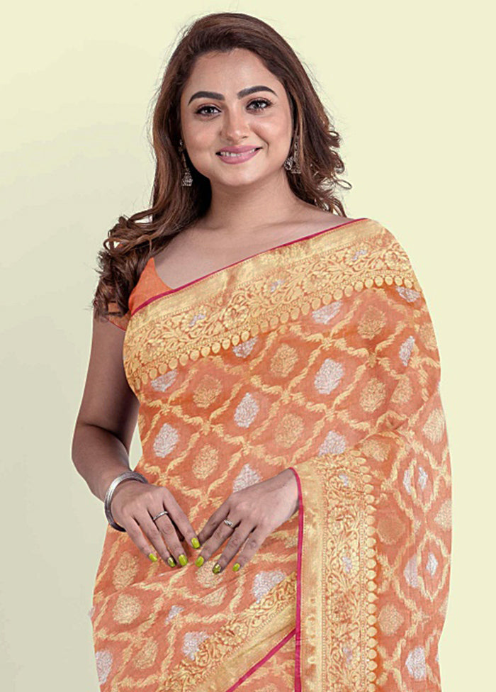 Peach Silk Zari Saree Without Blouse Piece - Indian Silk House Agencies