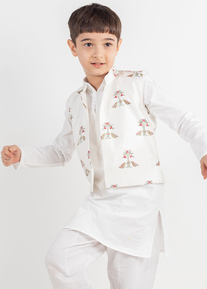 White Silk Kurta Pajama With Jacket For Boys - Indian Silk House Agencies