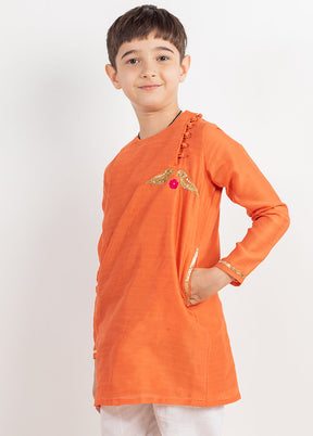 Orange Silk Kurta Pajama With Jacket For Boys - Indian Silk House Agencies