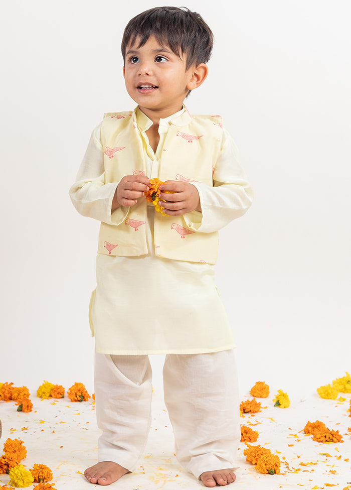 Cream Silk Kurta Pajama With Jacket For Boys - Indian Silk House Agencies