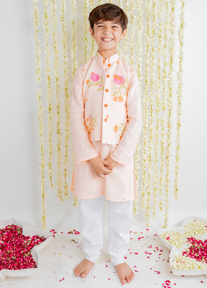 Peach Silk Kurta Pajama With Jacket For Boys - Indian Silk House Agencies