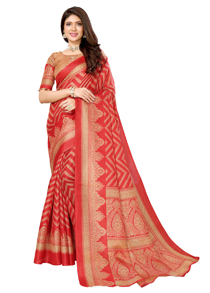 Red Dupion Silk Saree With Blouse Piece