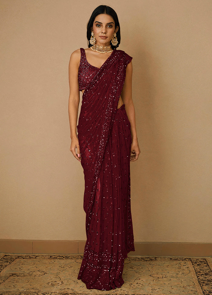 Maroon Organza Saree With Blouse Piece - Indian Silk House Agencies