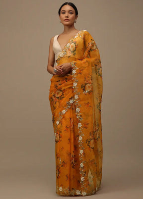 Mustard Organza Saree With Blouse Piece - Indian Silk House Agencies