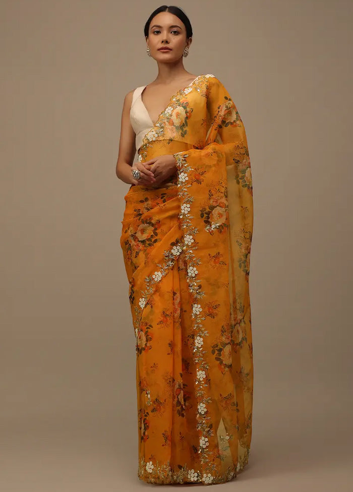 Mustard Organza Saree With Blouse Piece - Indian Silk House Agencies