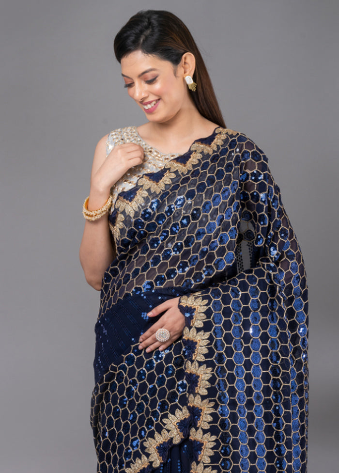 Navy Blue Georgette Saree With Blouse Piece - Indian Silk House Agencies