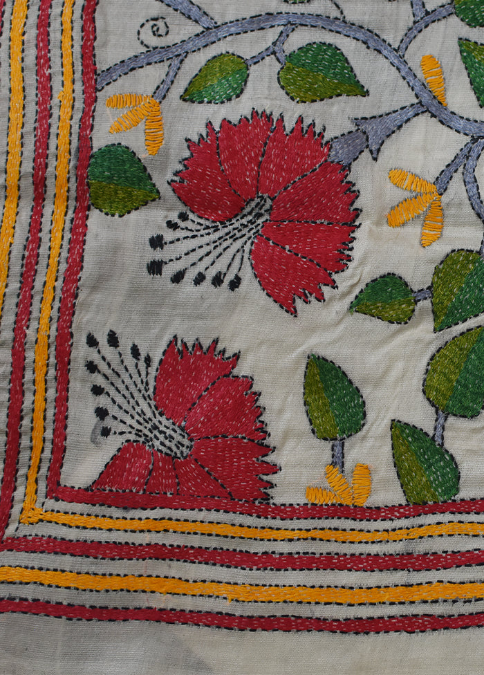 Bengal Kantha Embroidery Handloom Tussar Silk Dupatta