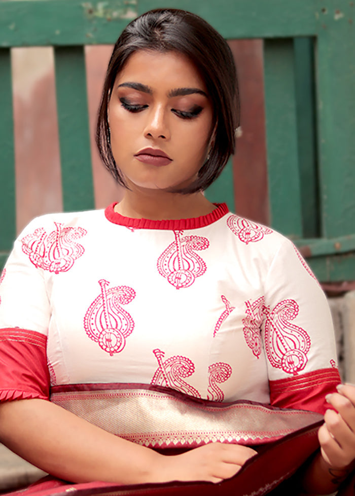 White Cotton Silk Designer Blouse - Indian Silk House Agencies