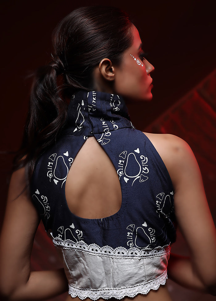 Navy Blue Cotton Silk Designer Blouse - Indian Silk House Agencies