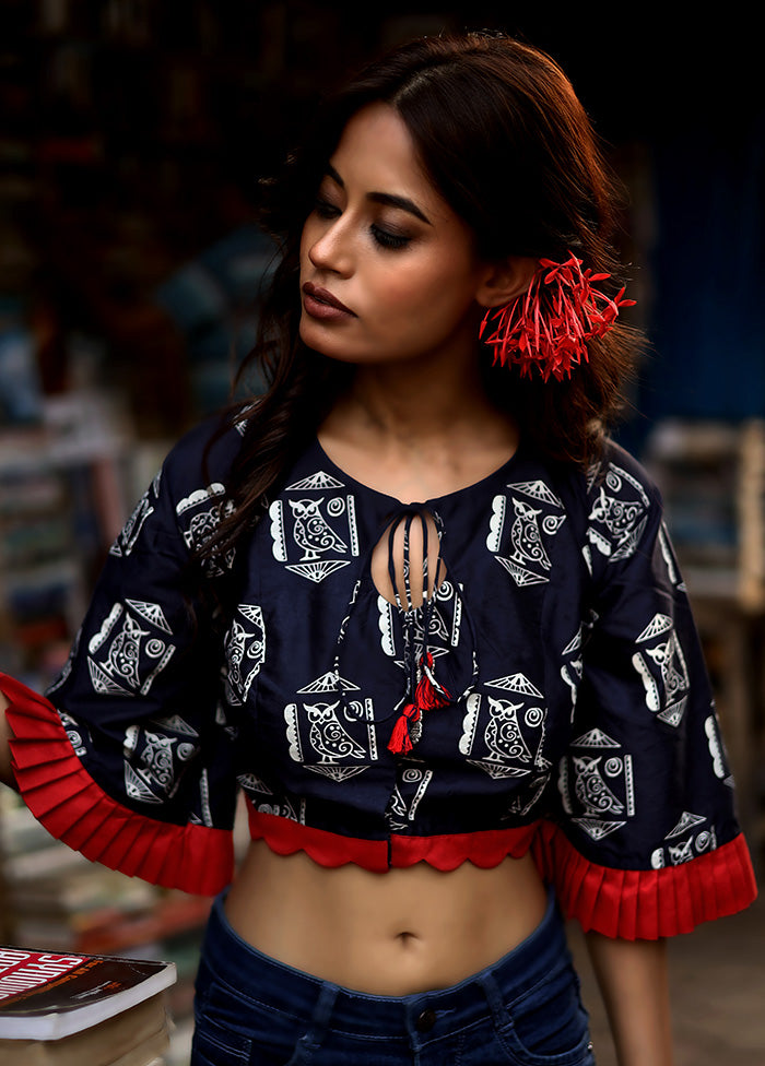 Navy Blue Cotton Silk Designer Blouse - Indian Silk House Agencies