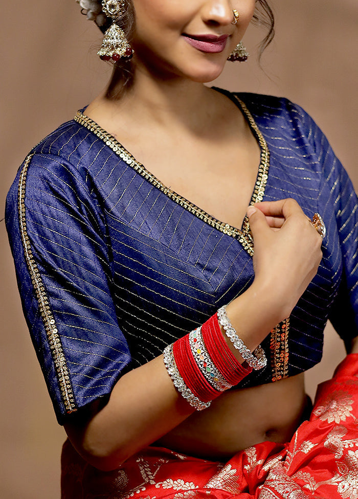 Navy Blue Dupion Silk Designer Blouse - Indian Silk House Agencies