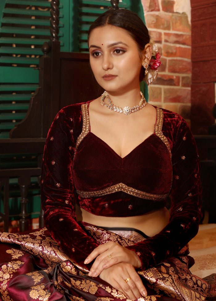 Maroon Velvet Designer Blouse - Indian Silk House Agencies