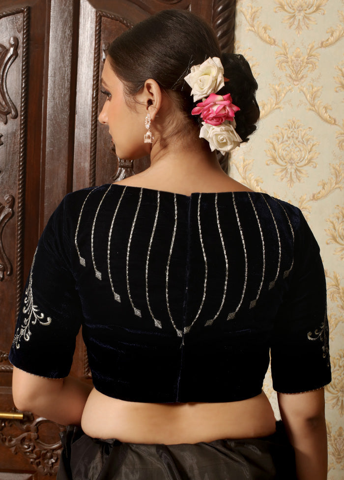 Navy Blue Velvet Designer Blouse - Indian Silk House Agencies