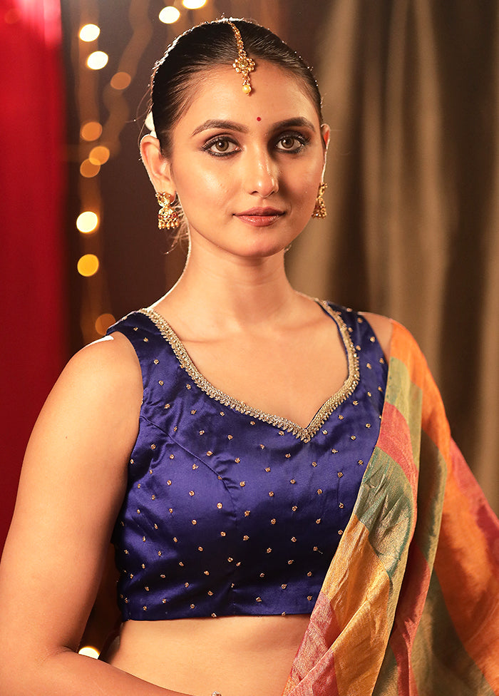 Navy Blue Blended Silk Designer Blouse