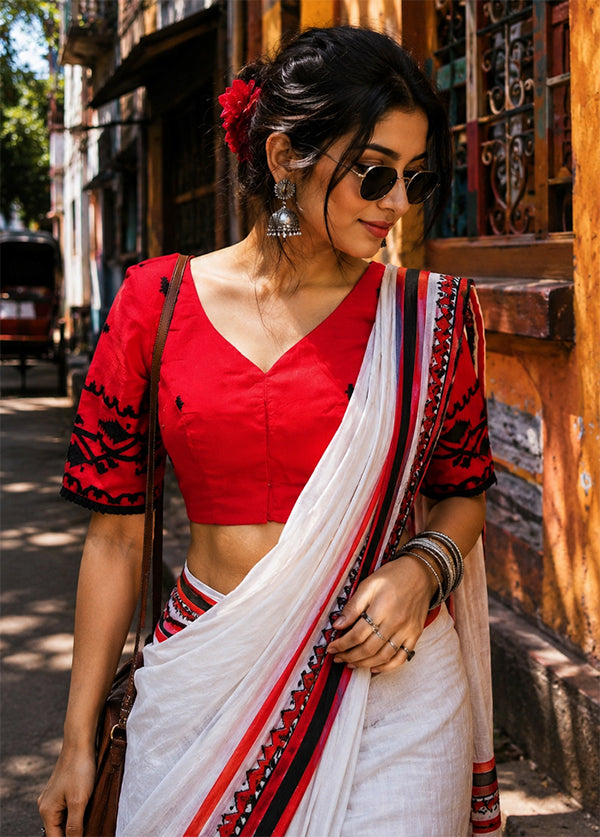 Red V Neck Designer Blouse