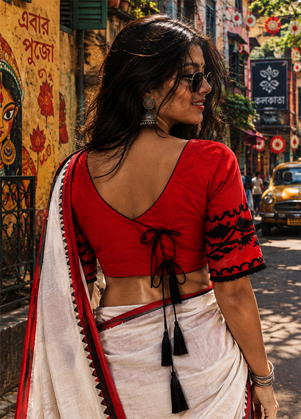 Red V Neck Designer Blouse