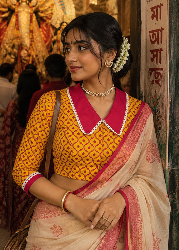 Mustard Collar Neck Designer Blouse