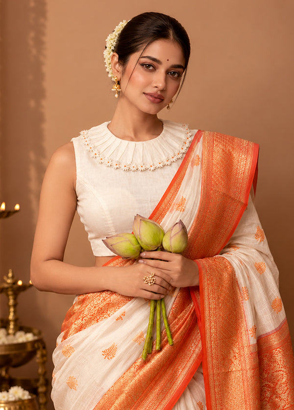 Cream Boat Neck Designer Blouse