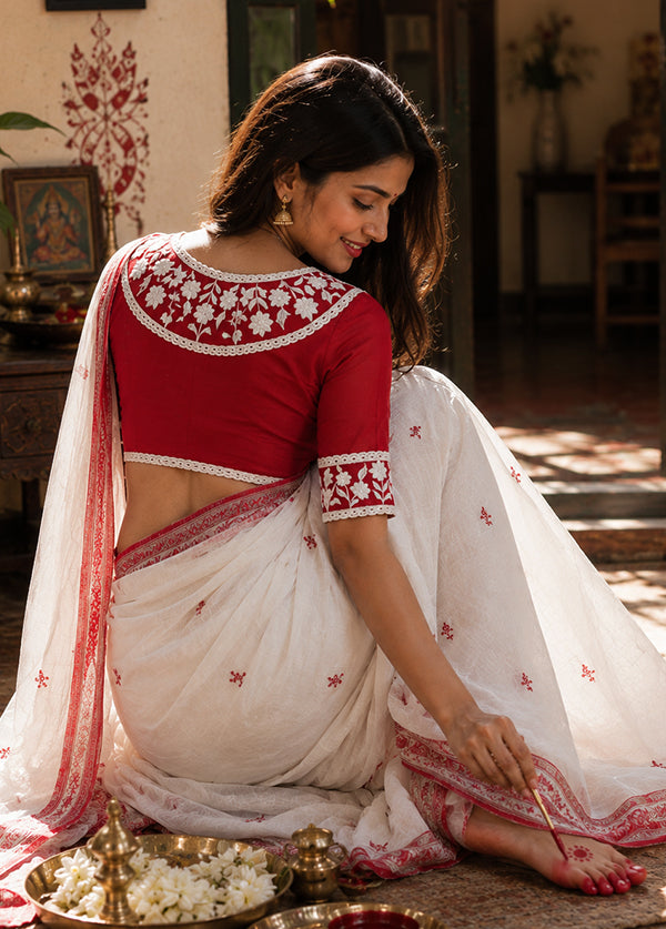 Red Round Neck Designer Blouse