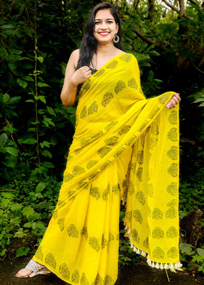 Yellow Cotton Saree With Blouse Piece - Indian Silk House Agencies