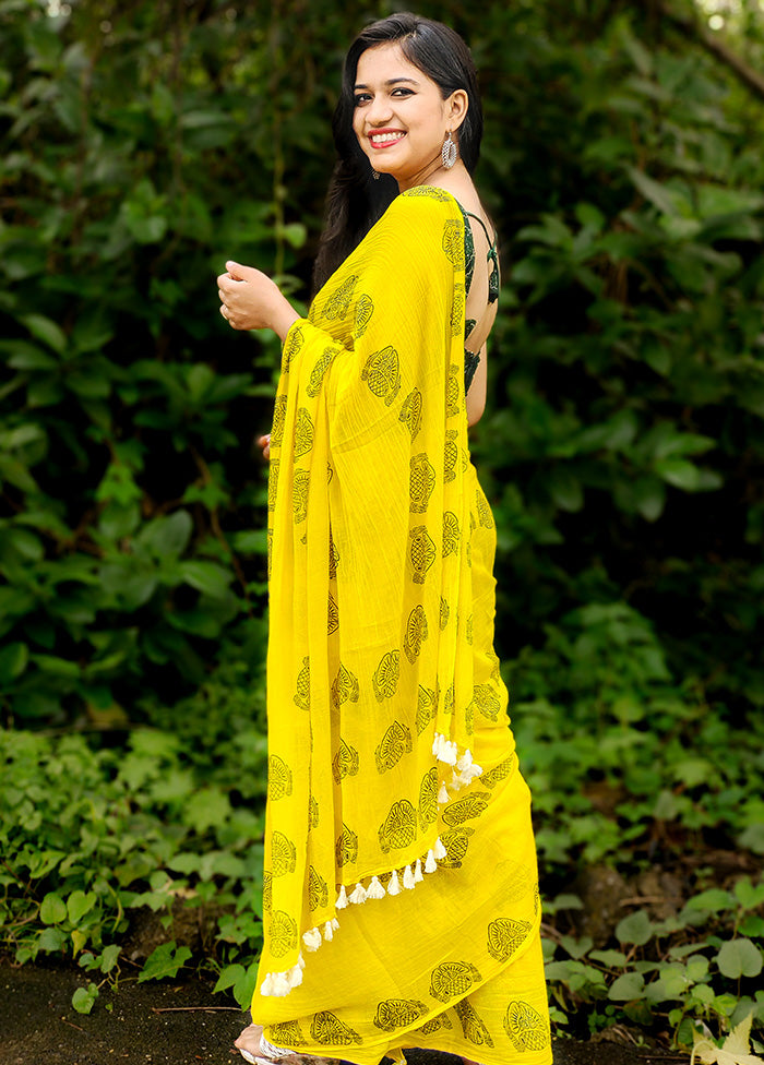 Yellow Cotton Saree With Blouse Piece - Indian Silk House Agencies