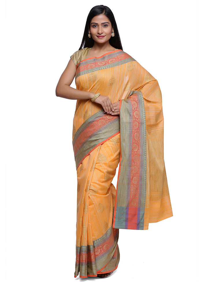 Orange Cotton Zari Saree Without Blouse Piece