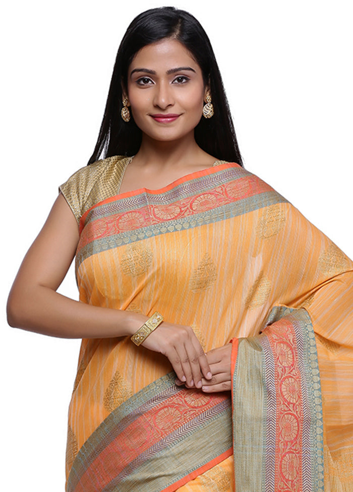 Orange Cotton Zari Saree Without Blouse Piece