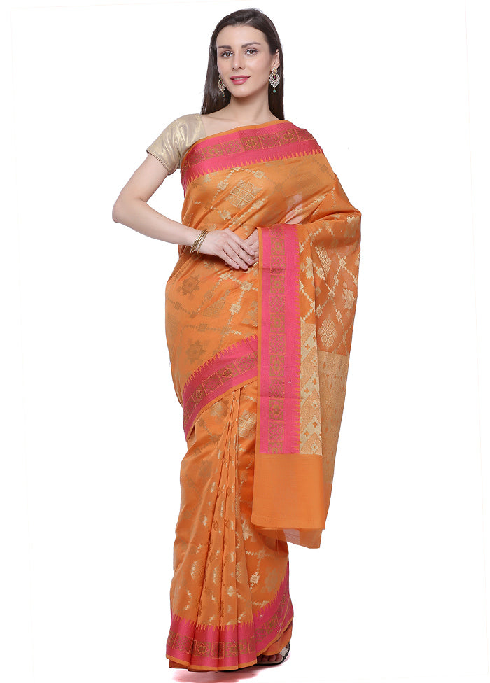 Orange Cotton Zari Saree Without Blouse Piece