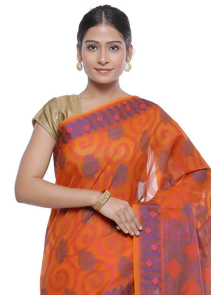 Orange Cotton Zari Saree Without Blouse Piece