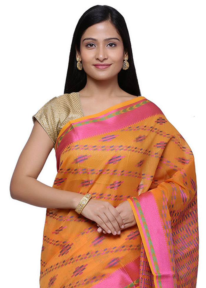 Orange Cotton Zari Saree Without Blouse Piece