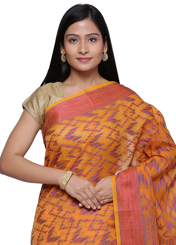 Orange Cotton Zari Saree Without Blouse Piece