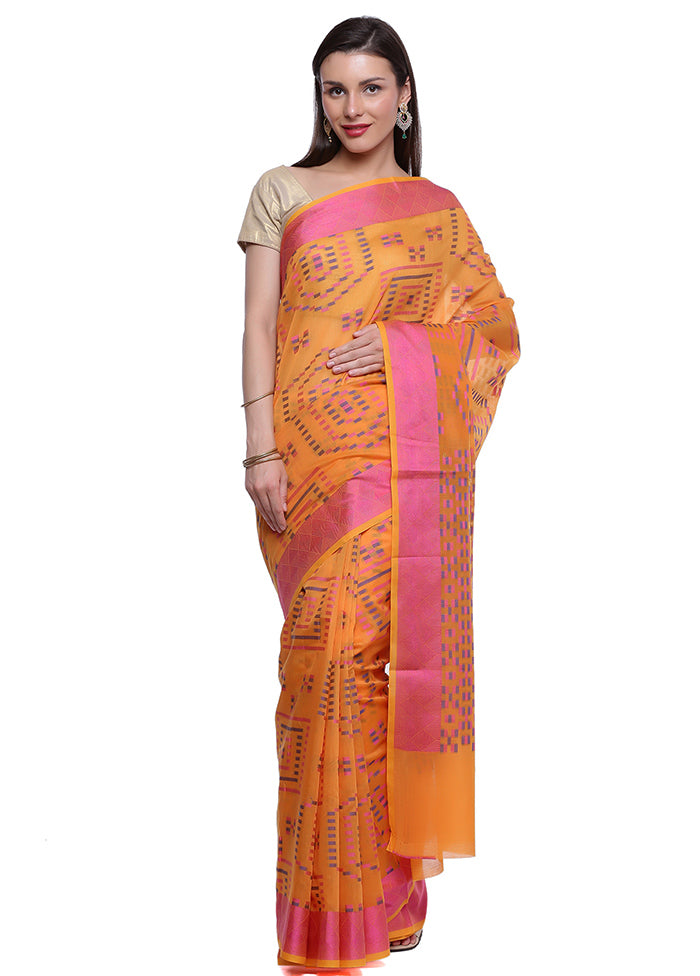 Orange Cotton Zari Saree Without Blouse Piece