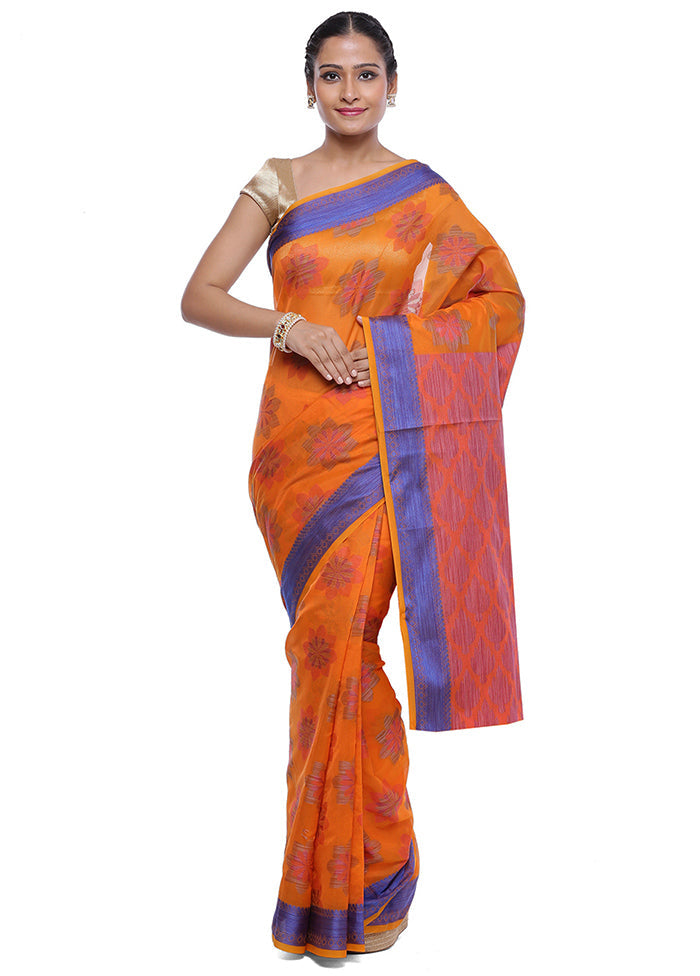 Orange Cotton Zari Saree Without Blouse Piece