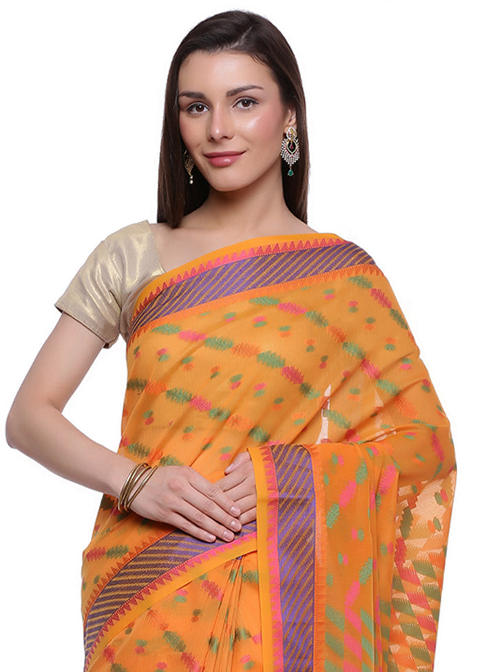 Orange Cotton Zari Saree Without Blouse Piece