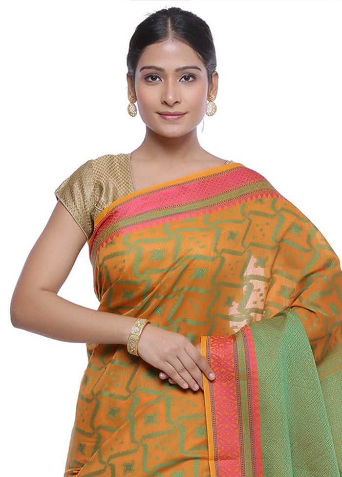 Orange Cotton Zari Saree Without Blouse Piece