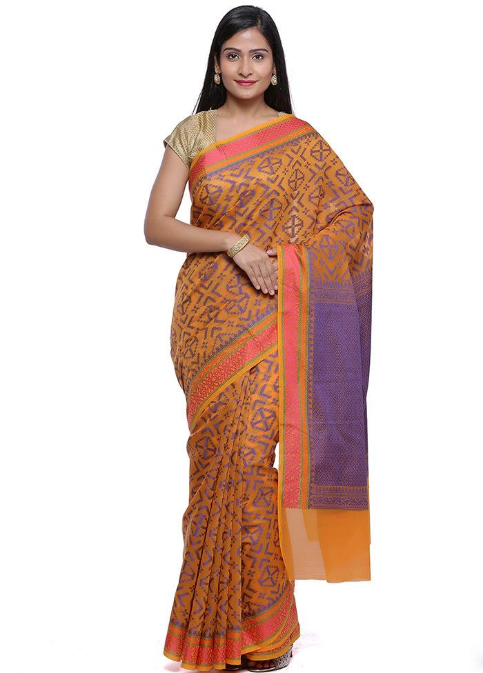 Orange Cotton Zari Saree Without Blouse Piece