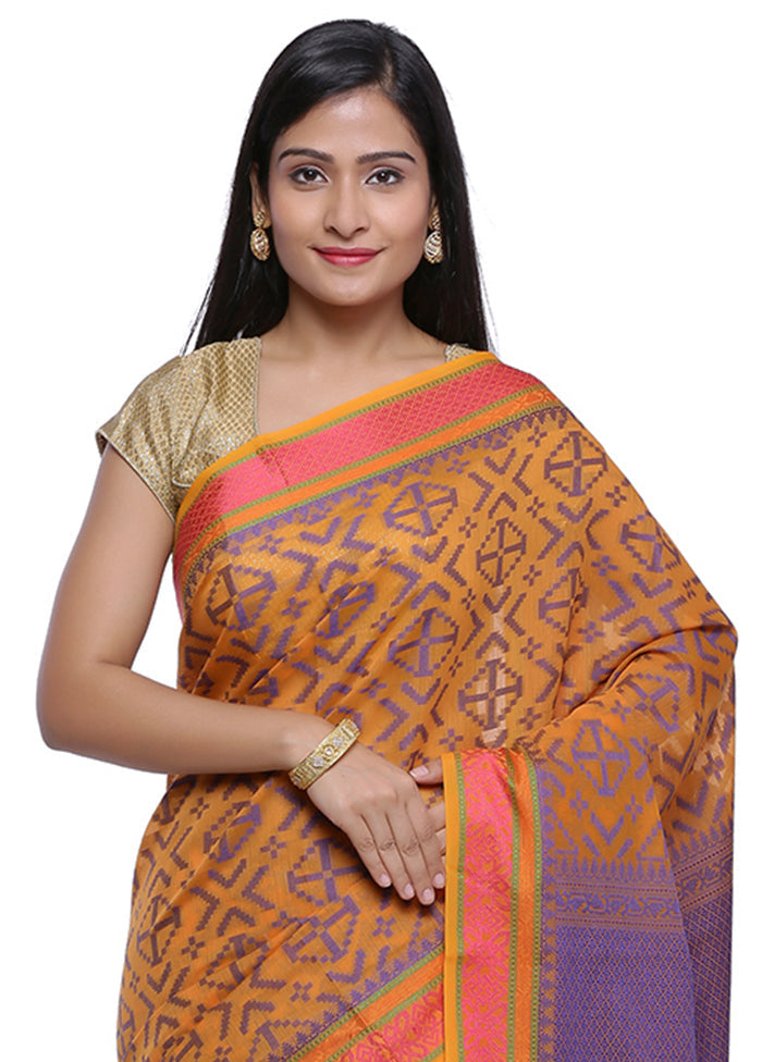 Orange Cotton Zari Saree Without Blouse Piece