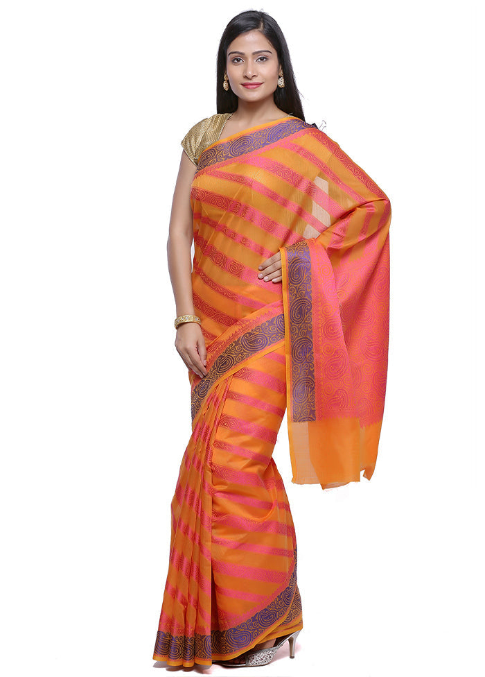 Orange Cotton Zari Saree Without Blouse Piece