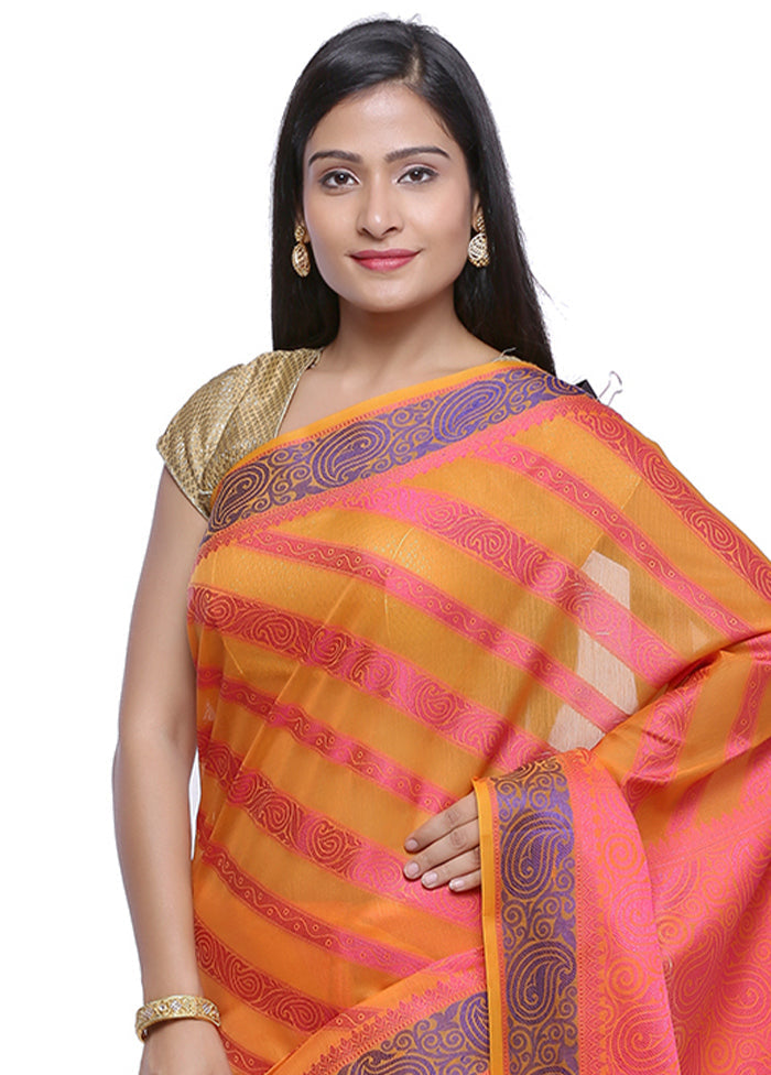 Orange Cotton Zari Saree Without Blouse Piece