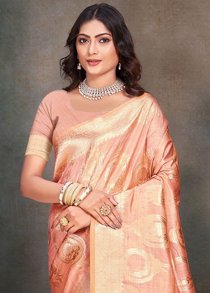 Peach Cotton Saree With Blouse Piece