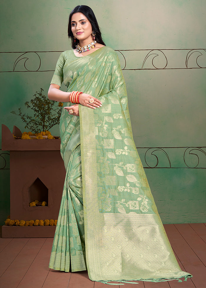 Green Cotton Saree With Blouse Piece