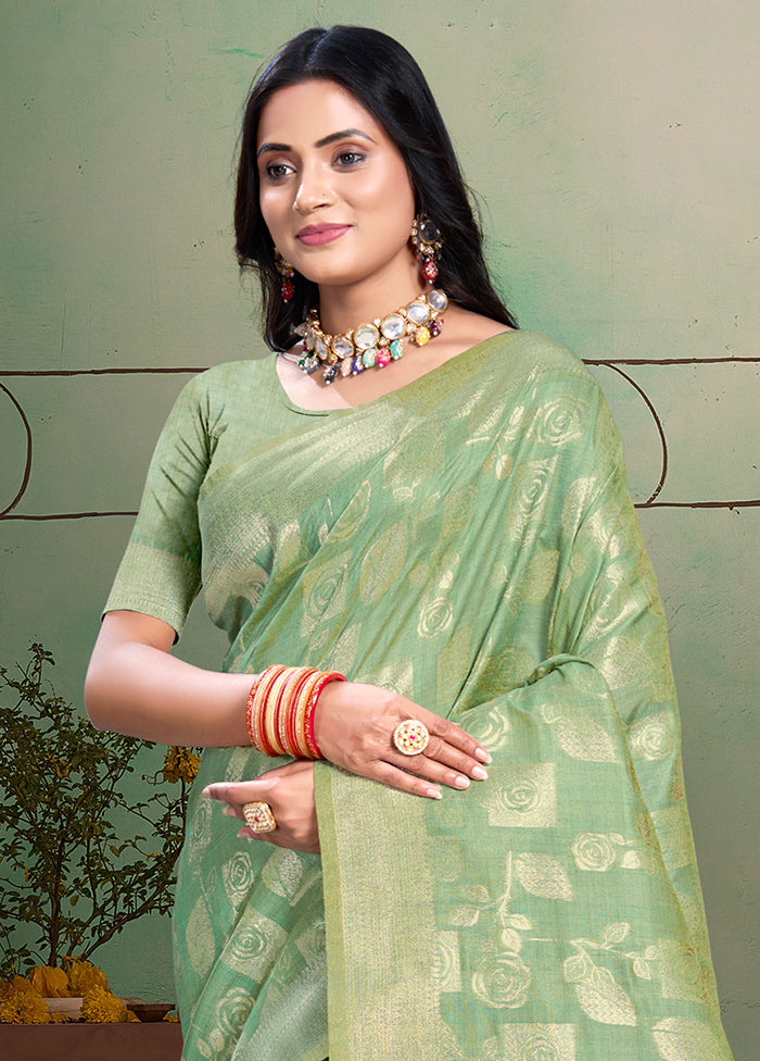 Green Cotton Saree With Blouse Piece