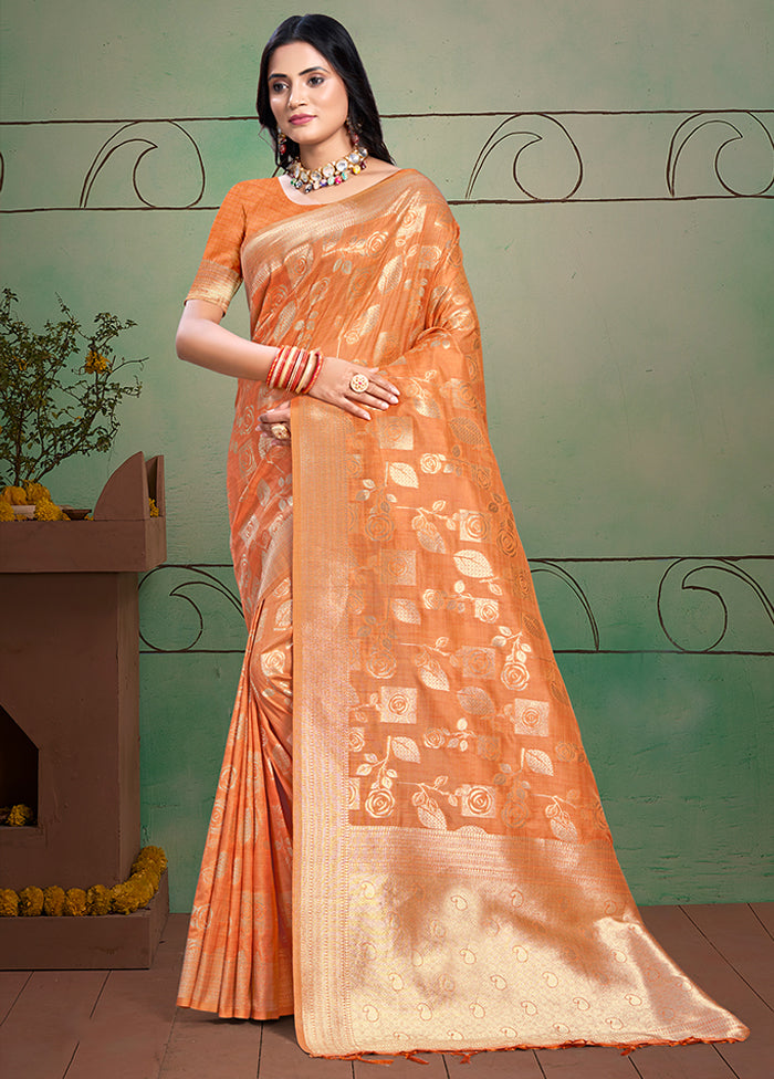 Peach Cotton Saree With Blouse Piece