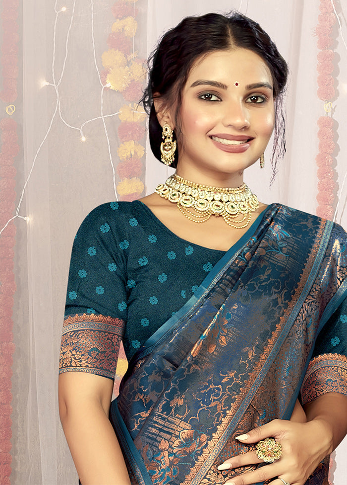 Blue Satin Silk Saree With Blouse Piece