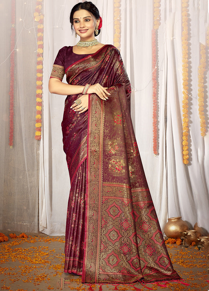 Wine Satin Silk Saree With Blouse Piece