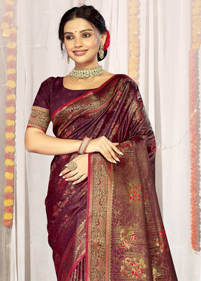 Wine Satin Silk Saree With Blouse Piece