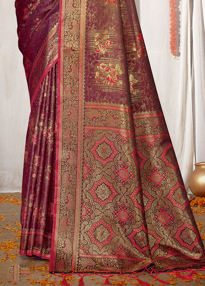 Wine Satin Silk Saree With Blouse Piece