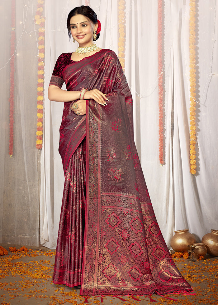 Magenta Satin Silk Saree With Blouse Piece